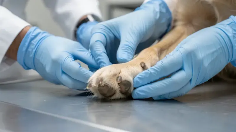Veterinario examinando espacio interdigital de la pata de un perro - quiste interdigital perros diagnóstico
