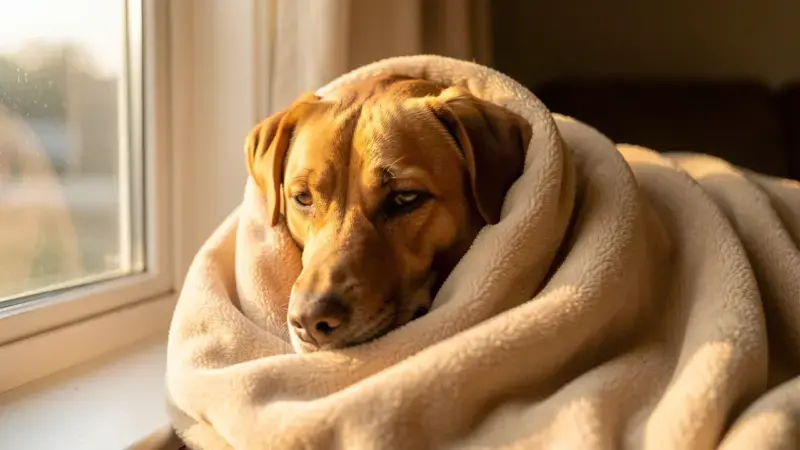 Perro descansando en casa con manta tras mostrar síntomas leves - resfriado en perros cuidados