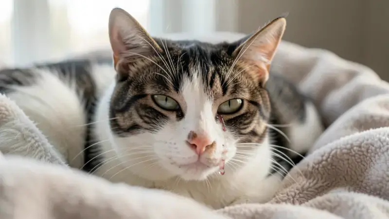 Gato con secreción nasal unilateral sobre manta - rinitis crónica en gatos diagnóstico