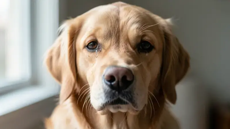 Perro golden retriever con secreción nasal y ojos acuosos por rinitis - rinitis en perros síntomas