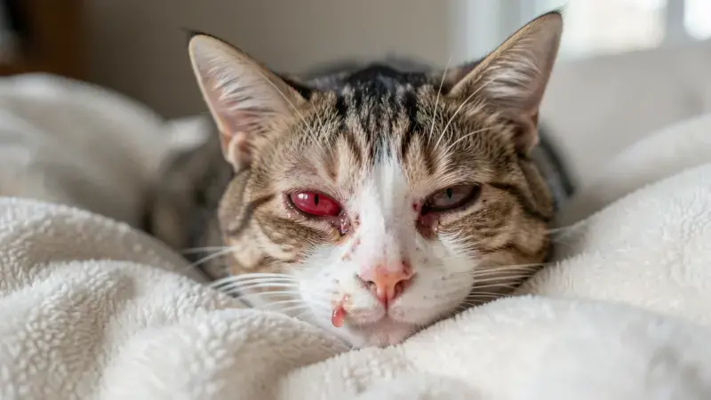 Gato con conjuntivitis y secreción nasal síntomas de rinotraqueitis felina herpesvirus
