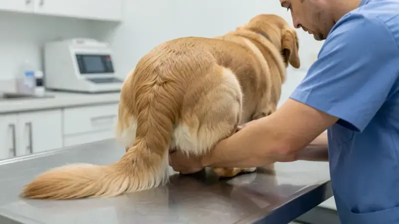 Veterinario examinando la zona perianal de un perro en consulta - sacos anales perros diagnóstico