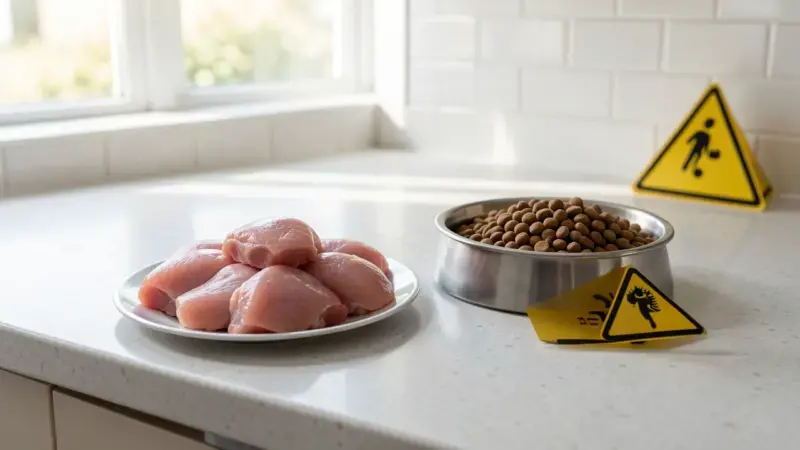 Pollo crudo junto a cuenco de perro representando riesgo de Salmonella en dieta BARF canina