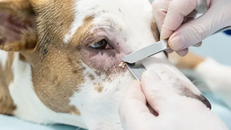 Veterinario realizando raspado cutaneo en zona de alopecia periorbitaria por sarna demodecica canina