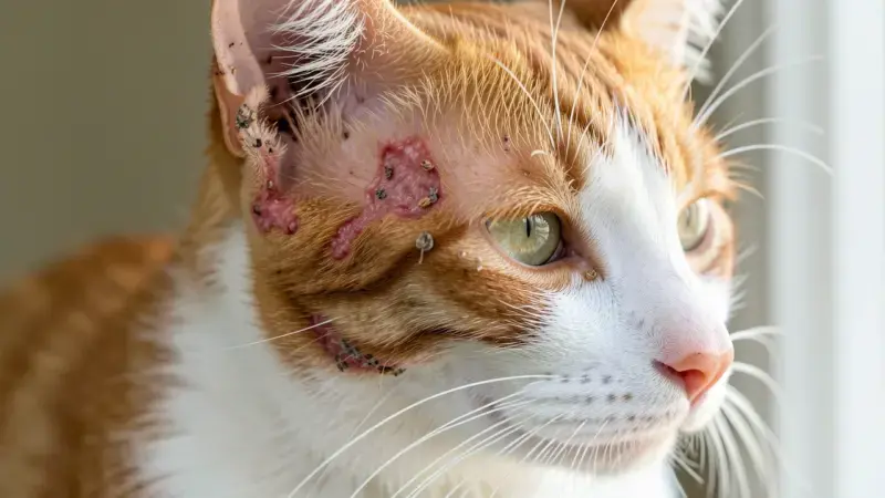 Gato con costras y alopecia en orejas y cara por sarna notoédrica - sarna en gatos sintomas