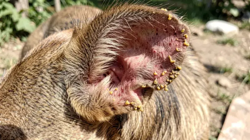 Perro con costras y pérdida de pelo en bordes de orejas por sarna sarcóptica - primeros síntomas de sarna canina