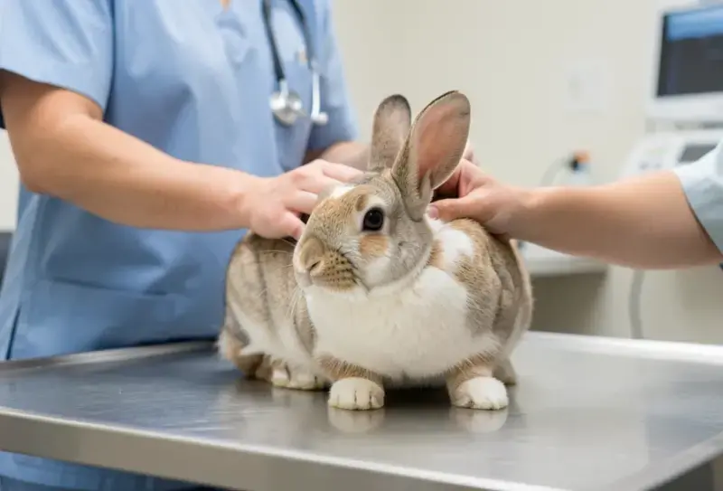 Domestic rabbit being gently held examined veterinarian exam - sintomas de que un conejo va a morir