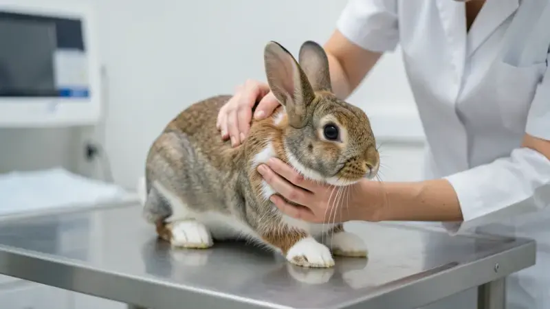 Veterinario sujetando y examinando un conejo en consulta de urgencia - señales conejo grave
