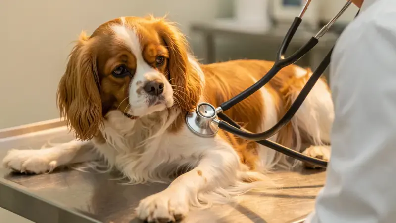 Veterinario auscultando corazón de Cavalier King Charles para detectar soplo cardíaco canino