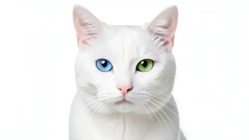 Gato blanco con un ojo azul y uno verde odd-eyed - sordera en gatos