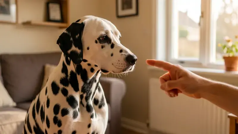 Dálmata atendiendo a señal de mano de su dueño - sordera en perros comunicación con señas