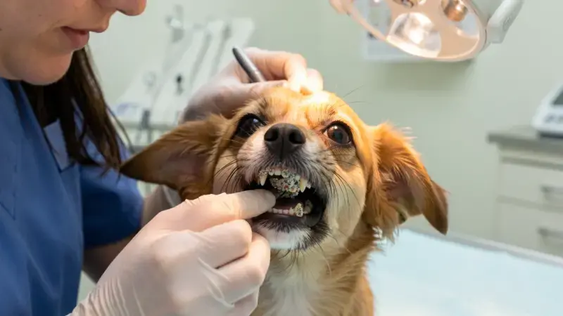 Veterinario examinando dientes de perro pequeño con sarro en premolares - sarro en perros