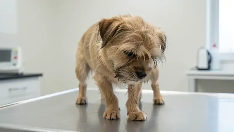 Perro pequeño temblando sobre la mesa de exploración veterinaria - temblores en perros causas y urgencia