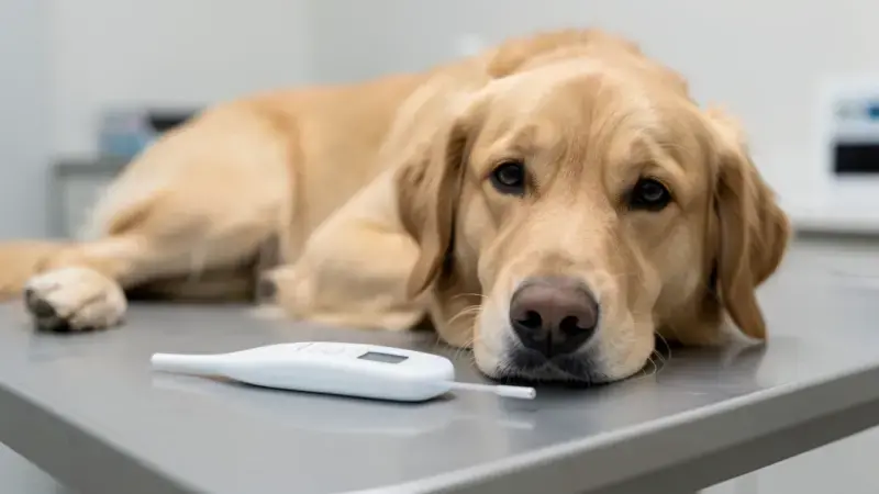 Termómetro digital junto a un perro tranquilo en mesa clínica - temperatura normal de un perro