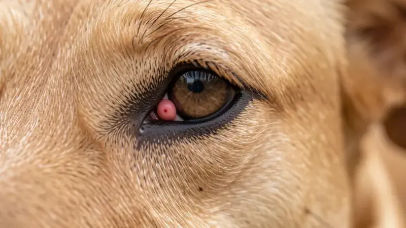 Ojo de cereza en perro - protuberancia rosada en el ángulo interno del ojo, prolapso tercer párpado canino