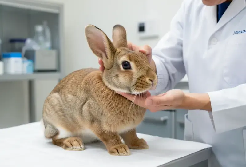 Domestic rabbit being gently examined veterinarian skin condition - tina en conejos