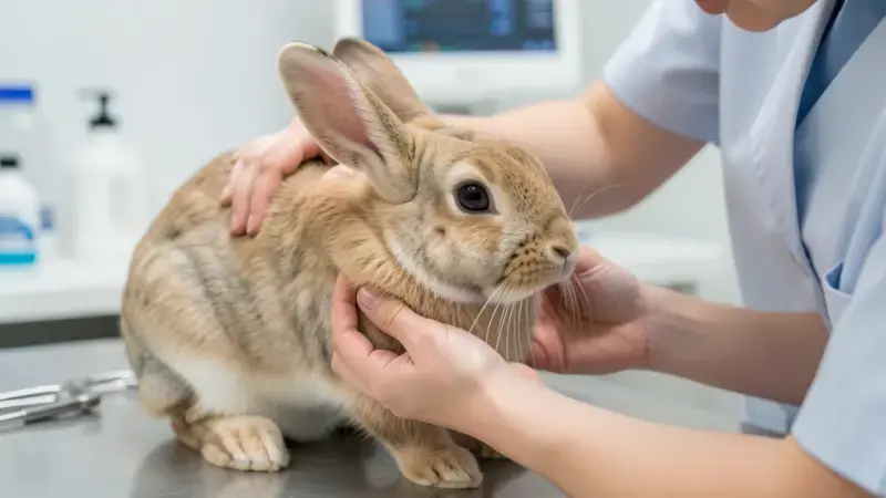 Veterinario examinando la piel de un conejo en consulta - tiña en conejos diagnóstico