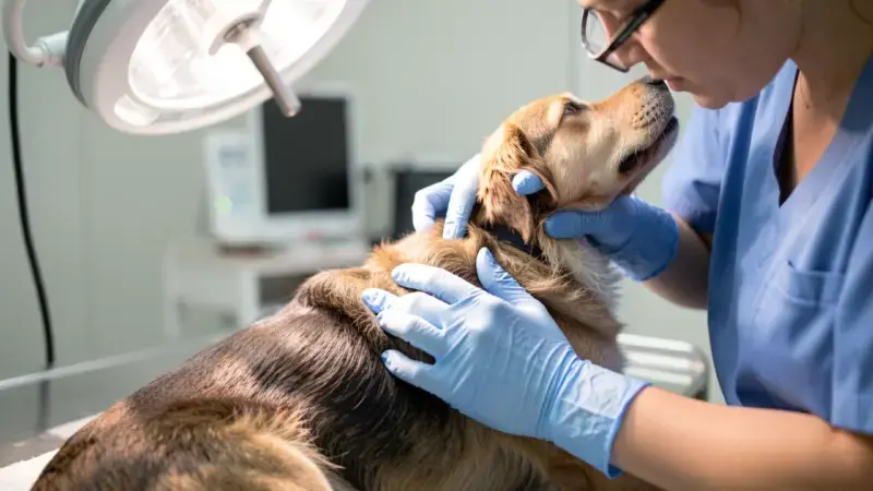 Veterinario examinando la piel y el pelo de un perro - tiña en perros
