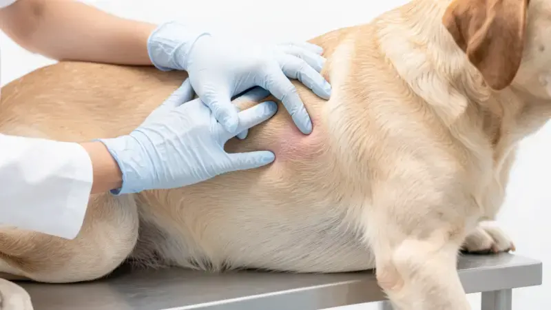 Manos veterinario palpando nódulo subcutáneo en perro Labrador - tipos de bultos en perros