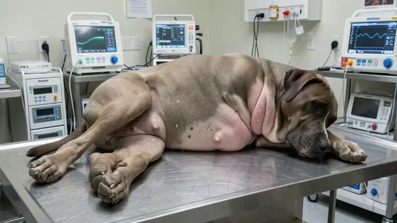 Gran Danés con abdomen distendido por torsión gástrica en mesa de urgencias veterinarias