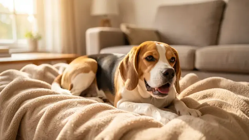 Perro beagle en reposo con tos de la perrera en casa - tos de la perrera en perros