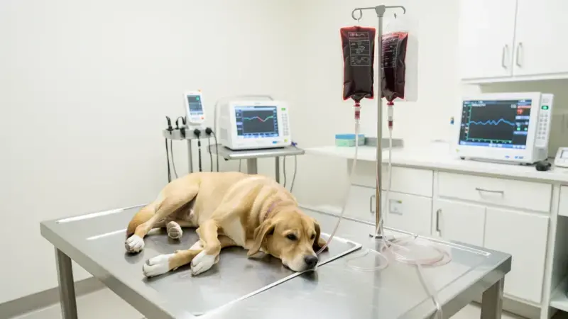 Equipo de transfusión sanguínea veterinaria con bolsa de sangre y tubo IV - transfusión de sangre en perros