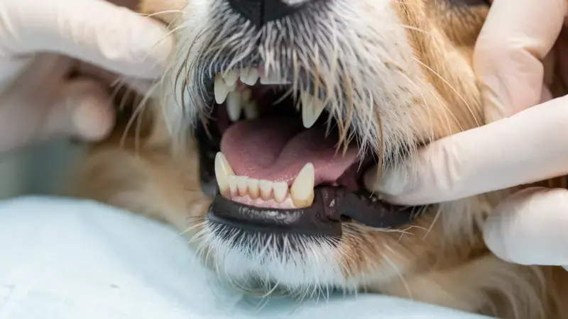 Primer plano de la boca de un perro durante examen veterinario - tumores bucales en perros