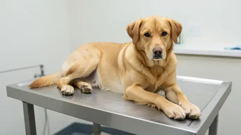 Perro en consulta veterinaria durante revisión general - tumores perianales en perros