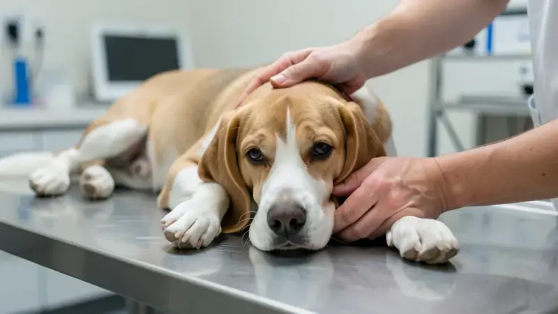 Veterinario examinando perro en consulta - tumores testiculares en perros diagnóstico
