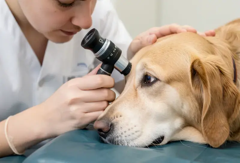 Perro en consulta veterinaria - salud canina y cuidados - ulcera corneal perros