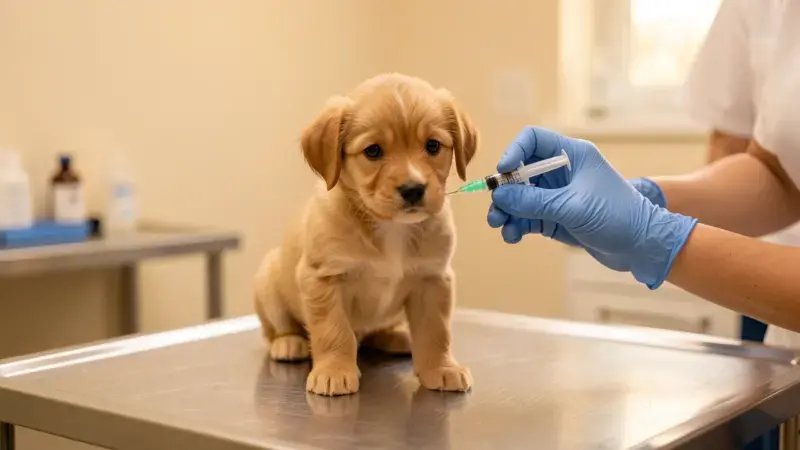 Cachorro recibiendo vacuna de veterinario en mesa de exploración - calendario vacunas cachorros España