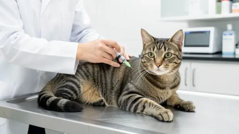 Veterinario administrando vacuna subcutánea a gato atigrado en consulta - vacunas para gatos calendario