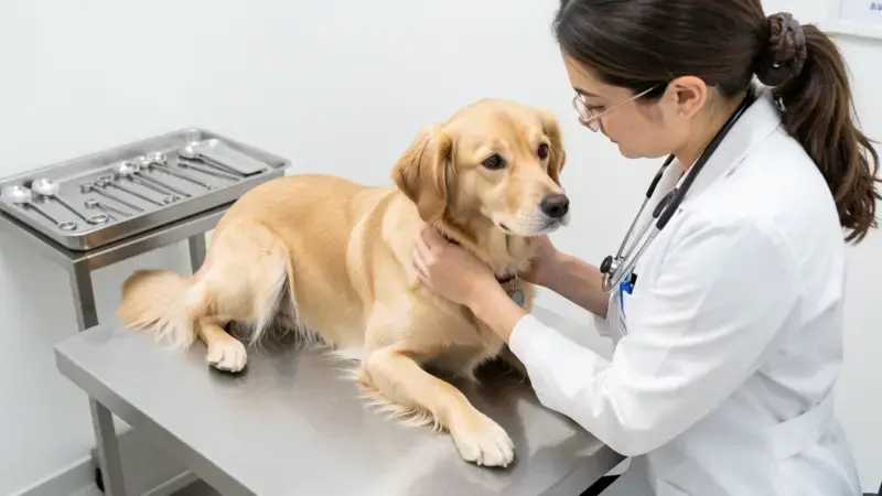 Veterinaria examinando perra en consulta reproductiva - diagnóstico de vaginitis en perros