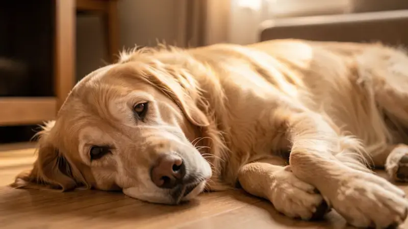 Perro mayor golden retriever tumbado con cabeza ladeada por síndrome vestibular o vértigo canino