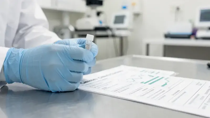 Muestra de orina en tubo de análisis sobre mesa veterinaria - insuficiencia renal cronica perros