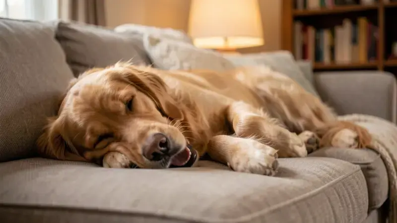 Perro golden retriever dormido con boca abierta en sofa - mi perro ronca causas