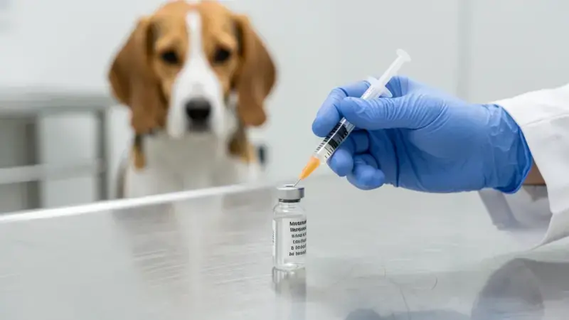Veterinario preparando jeringa con vacuna para perro en consulta veterinaria - vacunas obligatorias perros